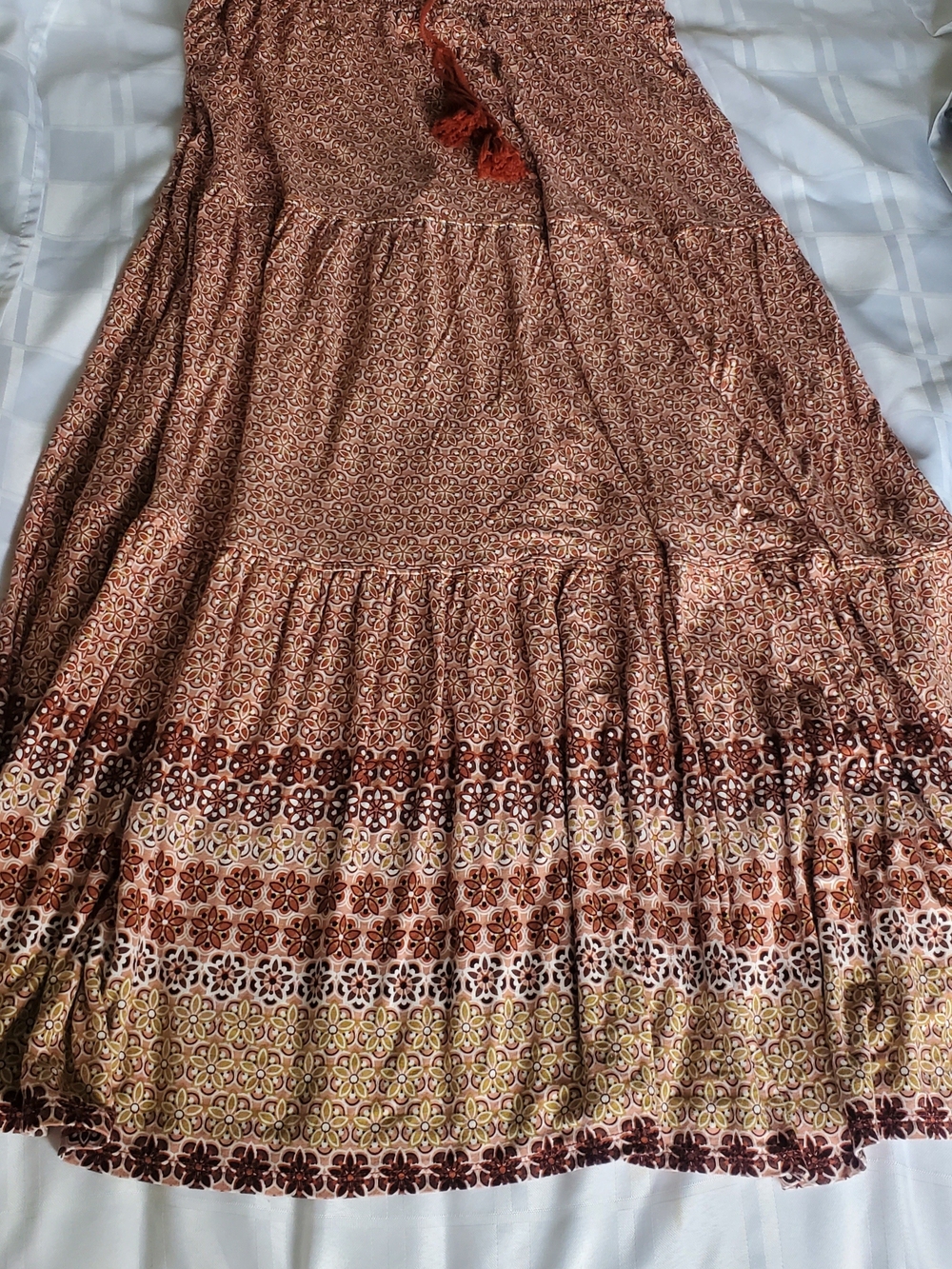 Max Studio Burnt Orange Floral Tiered Maxi Skirt with Tassel
